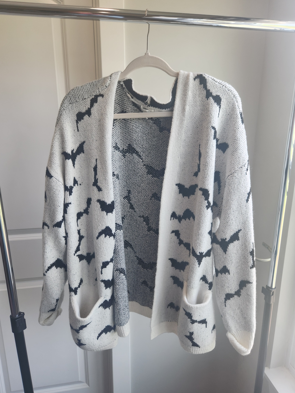 Open-Front White and Black Bat Pattern Cardigan Sweater